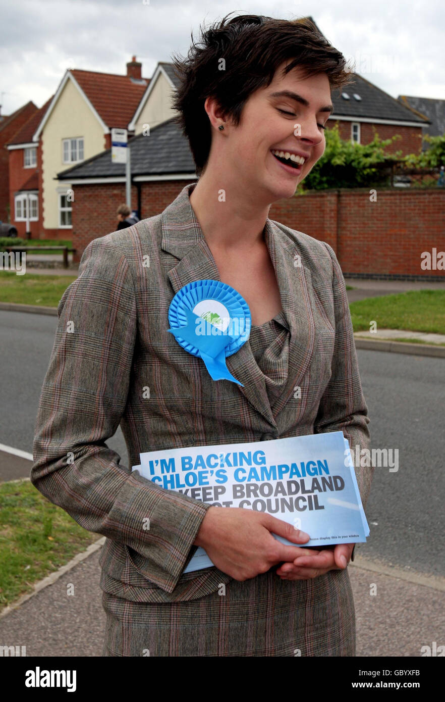 Conservative Party Parliamentary candidate Chloe Smith canvasses on the streets of Taverham, Norwich, Norfolk, ahead of the North Norwich by-elections in the city. Stock Photo