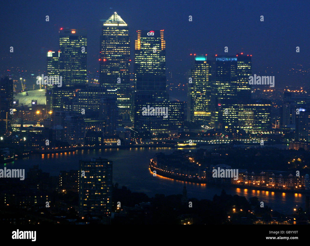 General view of Canary Wharf, in Docklands, London, from the top of the ...
