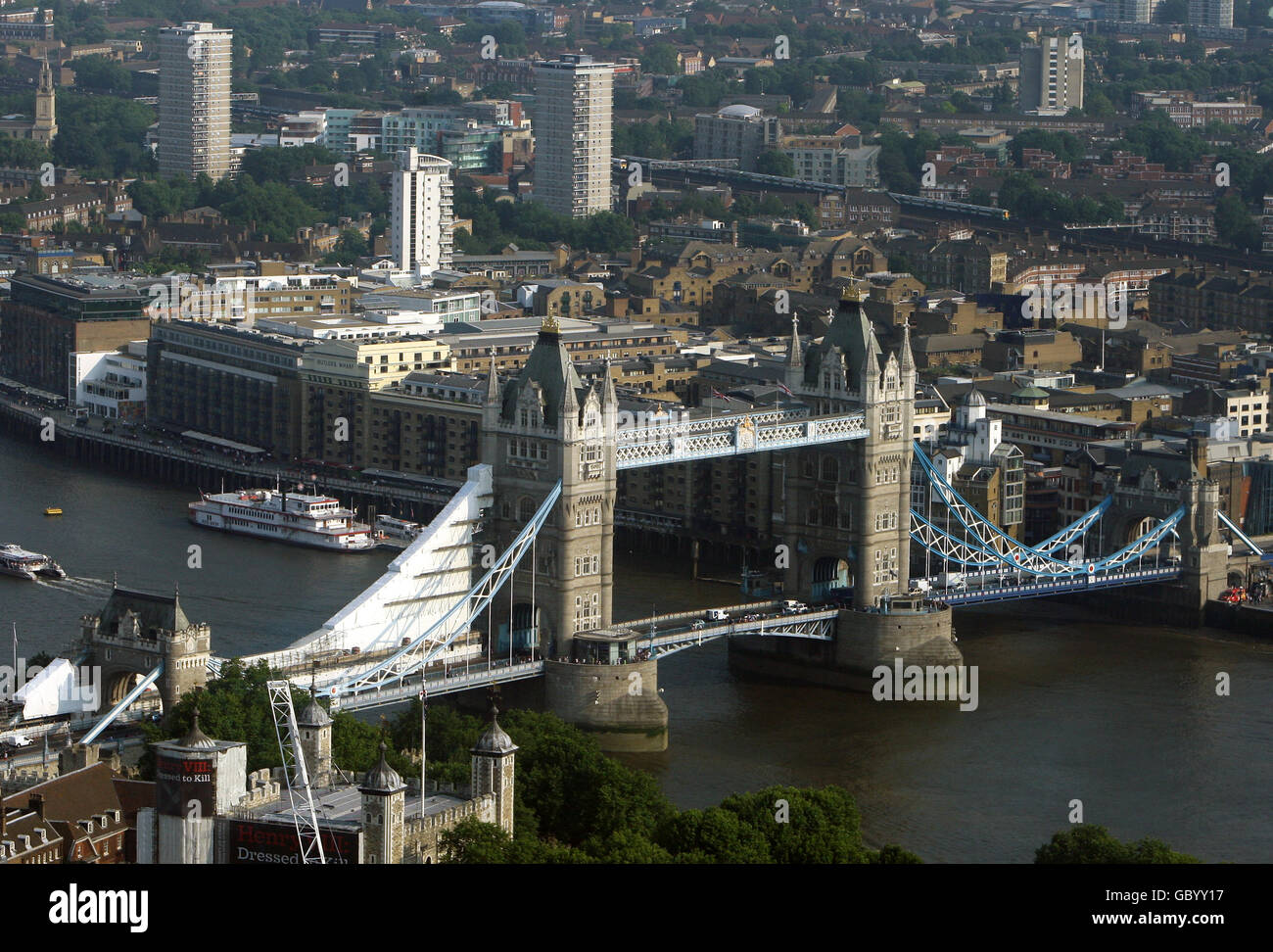 General view of Tower Bridge, London, as seen from the top of the Swiss Re building, also known as 'the Gherkin' Stock Photo