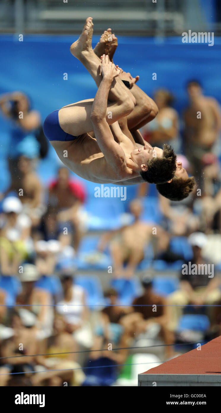 British divers Max Brick (left) and Tom Daley during the FINA World Swimming Championships in Rome, Italy. Stock Photo