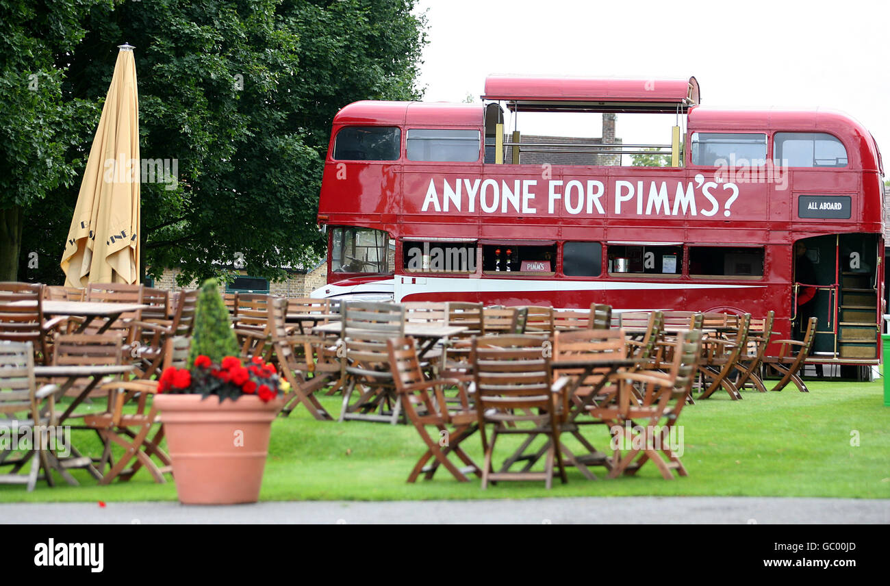 General view of the pimms bus at sandown racecourse hires stock