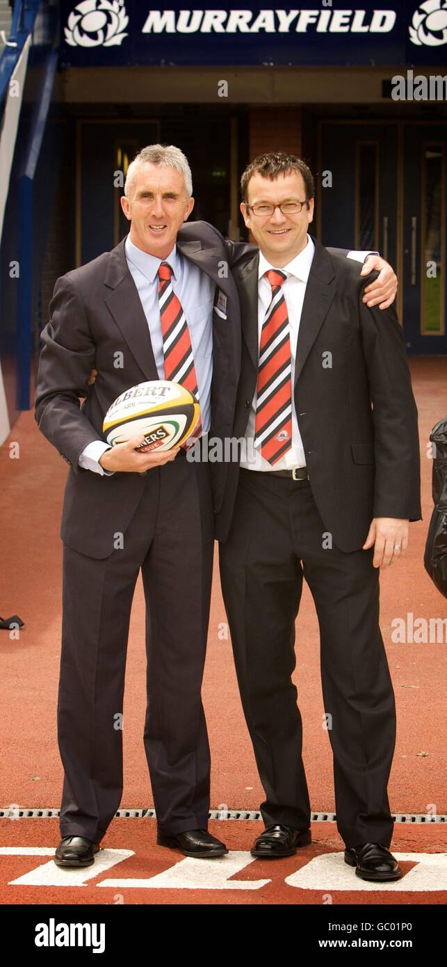 Edinburgh Rugby new head coach Rob Moffat (left) with Edinburgh Rugby Chief Executive Nic Cartwright during the Scottish Rugby Union announcement at Murrayfield Stadium, Edinburgh. Stock Photo