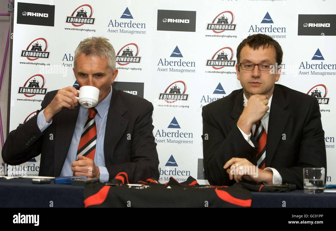 Edinburgh Rugby new head coach Rob Moffat (left) with Edinburgh Rugby Chief Executive Nic Cartwright during the Scottish Rugby Union announcement at Murrayfield Stadium, Edinburgh. Stock Photo