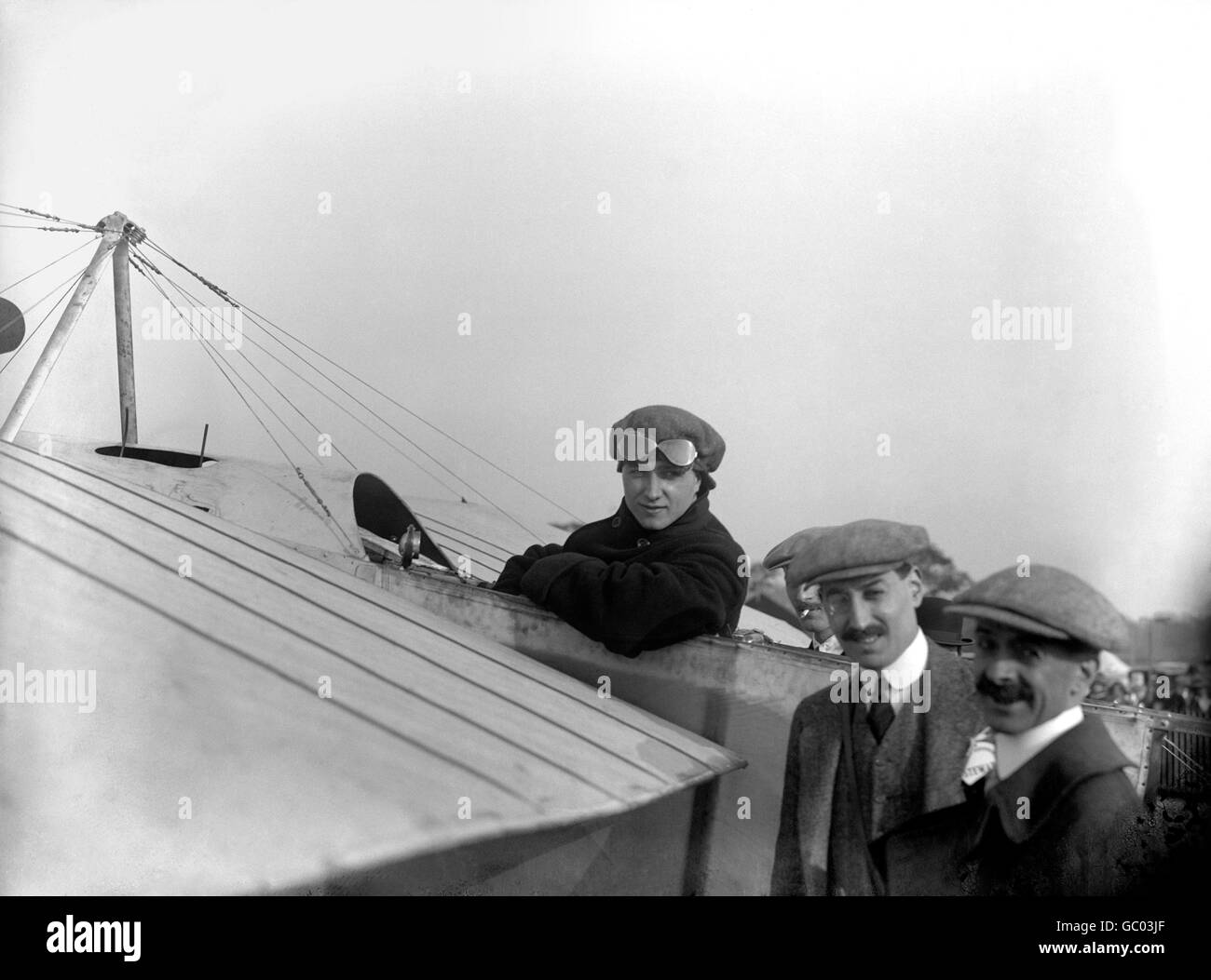 Aviation - Gustav Hamel - Brooklands. Aviator Gustav Hamel in his aeroplane at Brooklands. Stock Photo