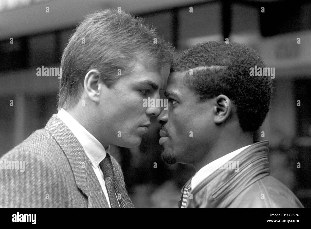 Londoner Mark Kaylor (l) and Coventry's Errol Christie (r) square upto each other at a press conference. The two fighters later traded punches in front of the cameras. Stock Photo