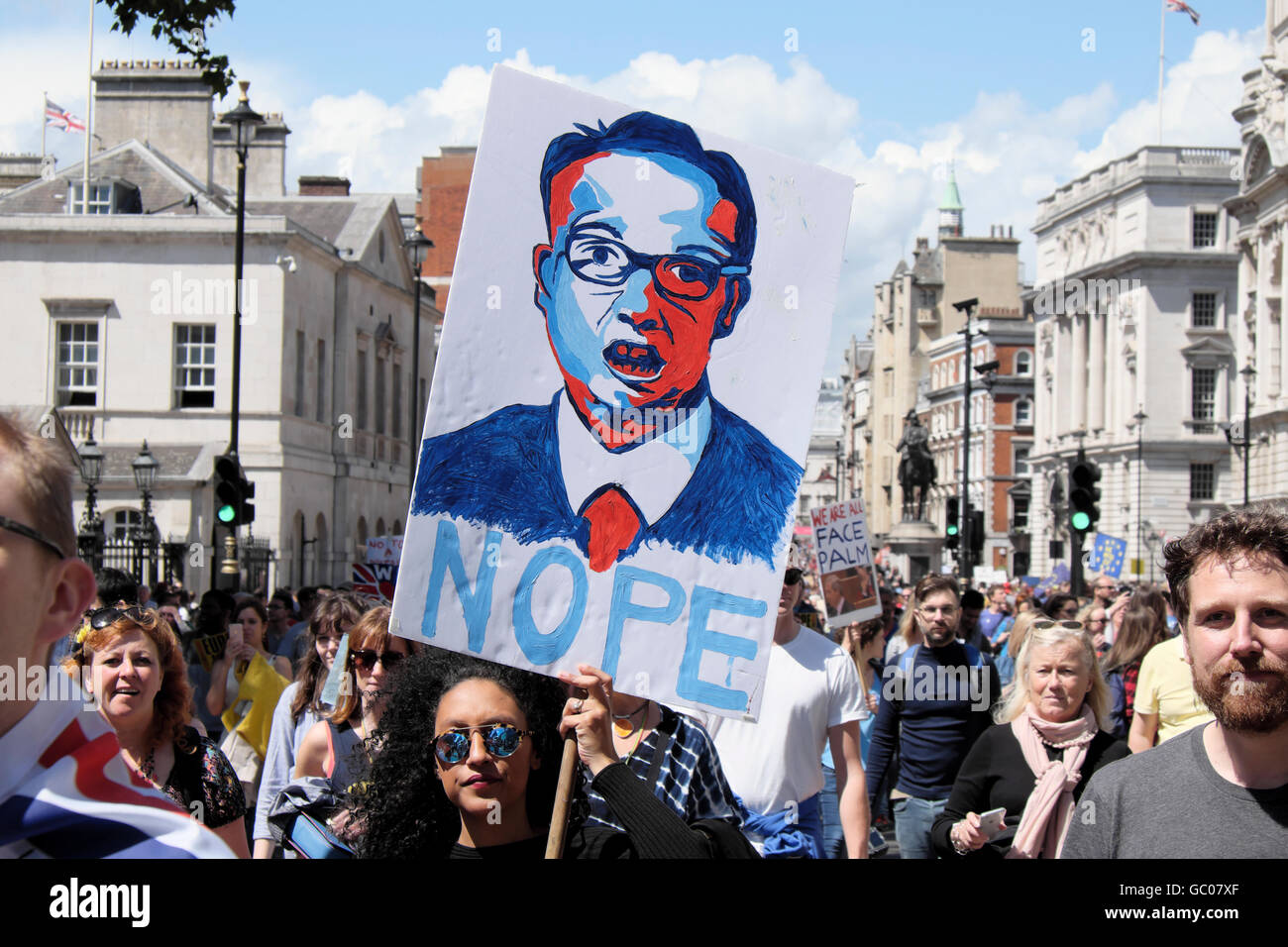 'Michael Gove Nope'  poster and Remainer protesters at the Anti Brexit March for Europe on 2nd July 2016  in London England 23 June 2016  KATHY DEWITT Stock Photo