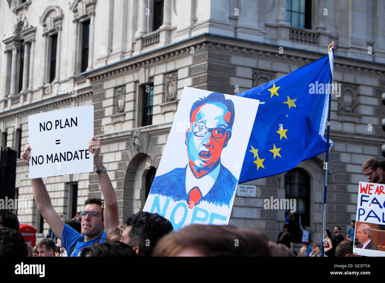 Michael Gove poster and NO PLAN NO MANDATE sign at the Anti Brexit Protest on 2nd July 2016  in London England  KATHY DEWITT Stock Photo