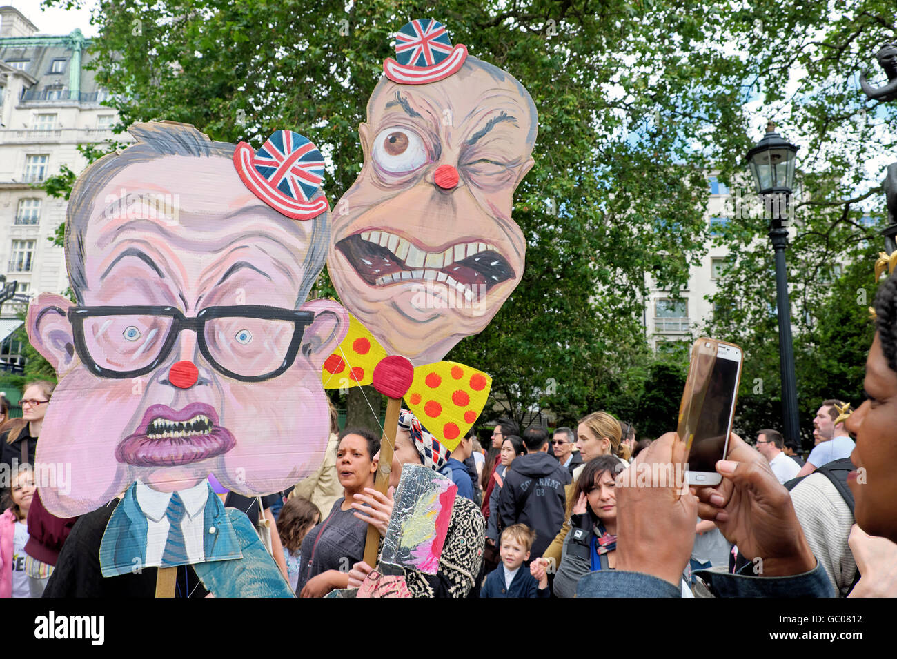Michael Gove & Nigel Farage caricature signs at the Anti Brexit Protest on 2nd July 2016  in London England  23 June 2016  KATHY DEWITT Stock Photo
