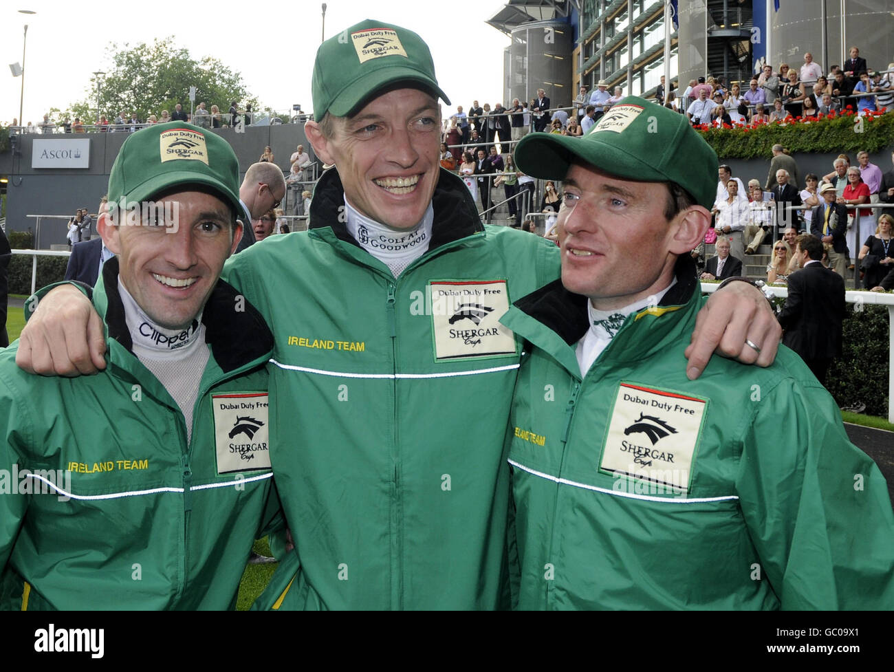 Ireland win the team event with (left to right) Neil Callan, Richard Hughes and Seamus Heffernan during the The Dubai Duty Free Shergar Cup Day at Ascot Racecourse, Berkshire. Stock Photo