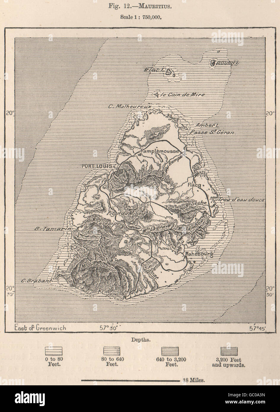 Mauritius. Mascarene Islands. Mascarenhas Archipelago, 1885 antique map Stock Photo