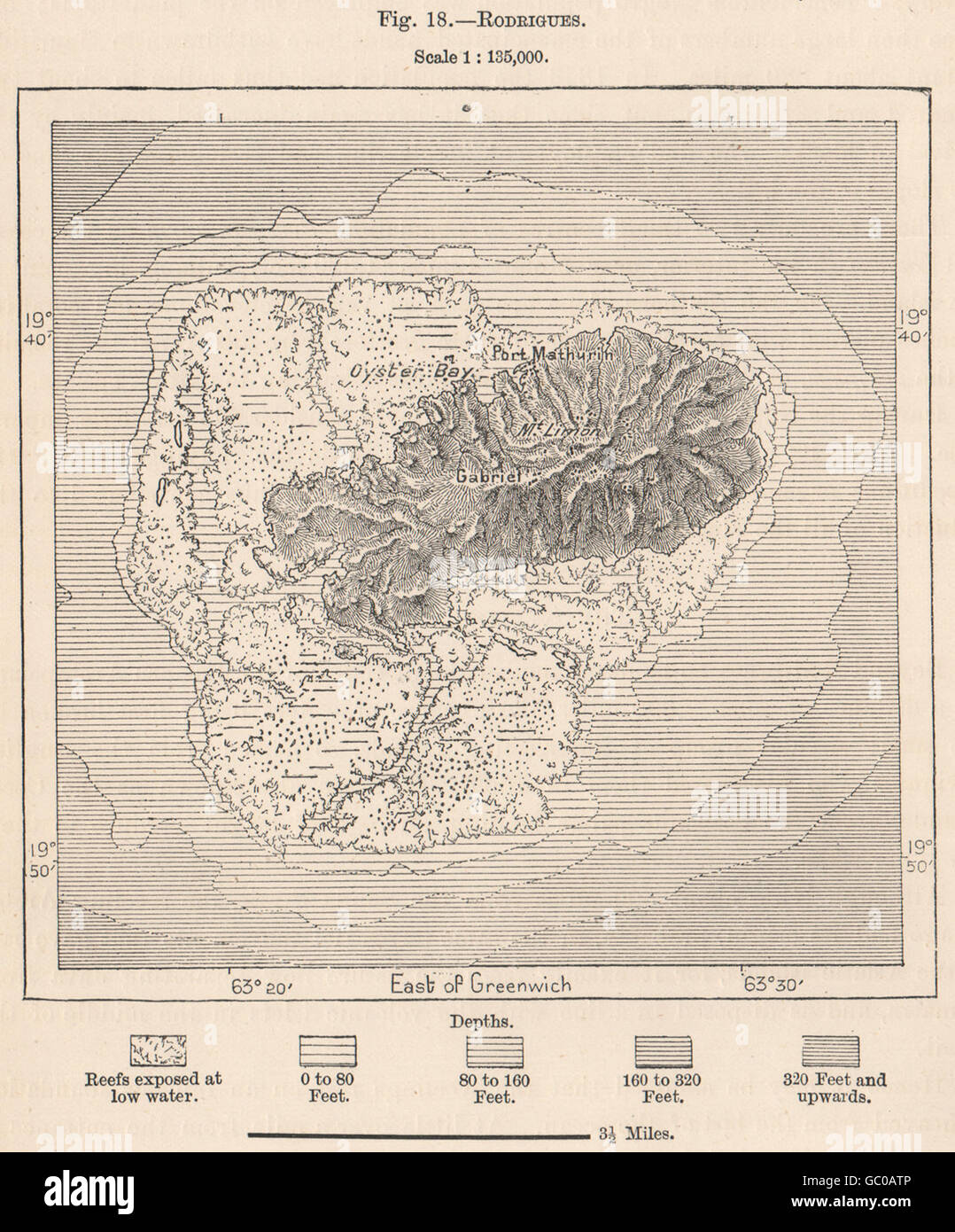Rodrigues. Mauritius. Mascarene Islands. Mascarenhas Archipelago, 1885 old map Stock Photo