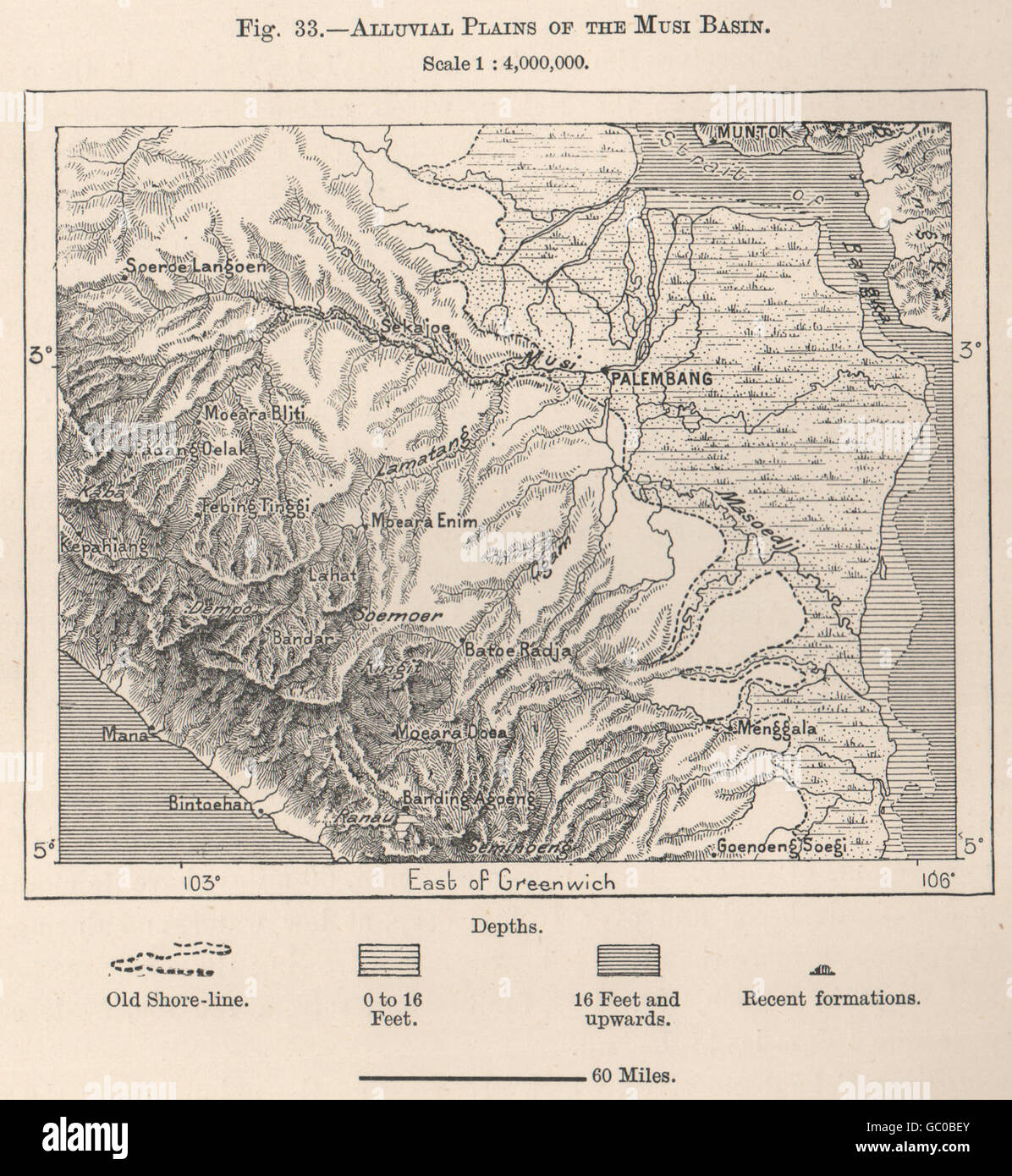 Alluvial Plains of the Musi Basin, Sumatra, Indonesia. Palembang, 1885 old map Stock Photo