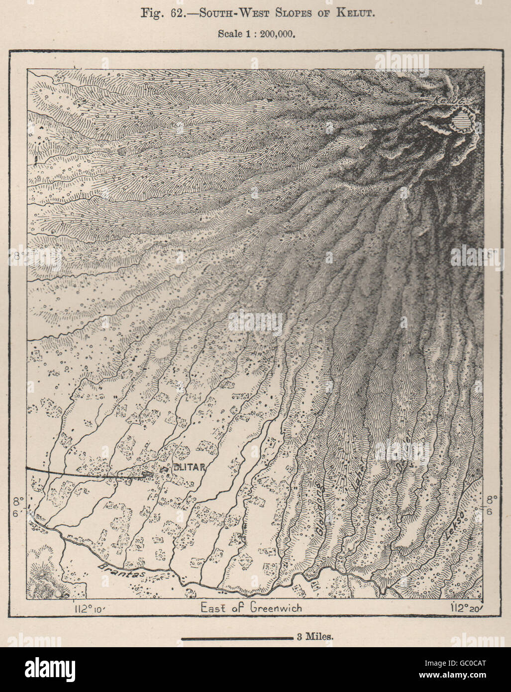South-West Slopes of Kelut(Kelud)volcano,Java,Indonesia.East Indies, 1885 map Stock Photo