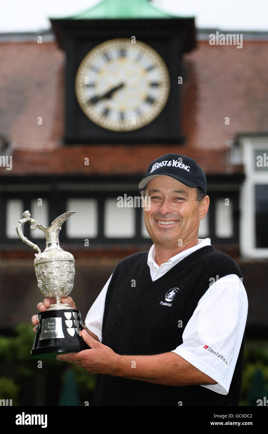 USA's Loren Roberts celebrates as he holds the British Senior Open