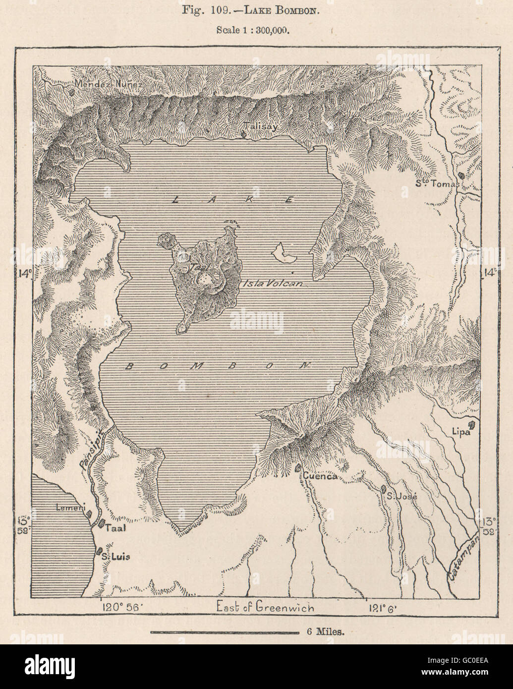 Lake Bombon (Taal) Batangas, Luzon, Philippines, 1885 antique map Stock Photo