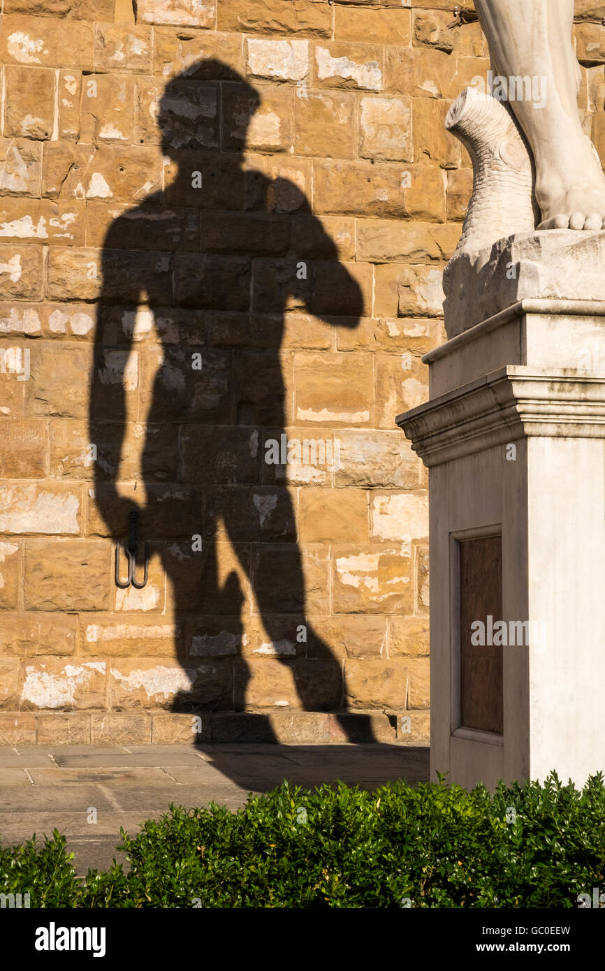 Shadow cast on the wall behind the copy of the David statue by Michaelangelo in the Piazza della Signore, Florence, Tuscany, Ita Stock Photo