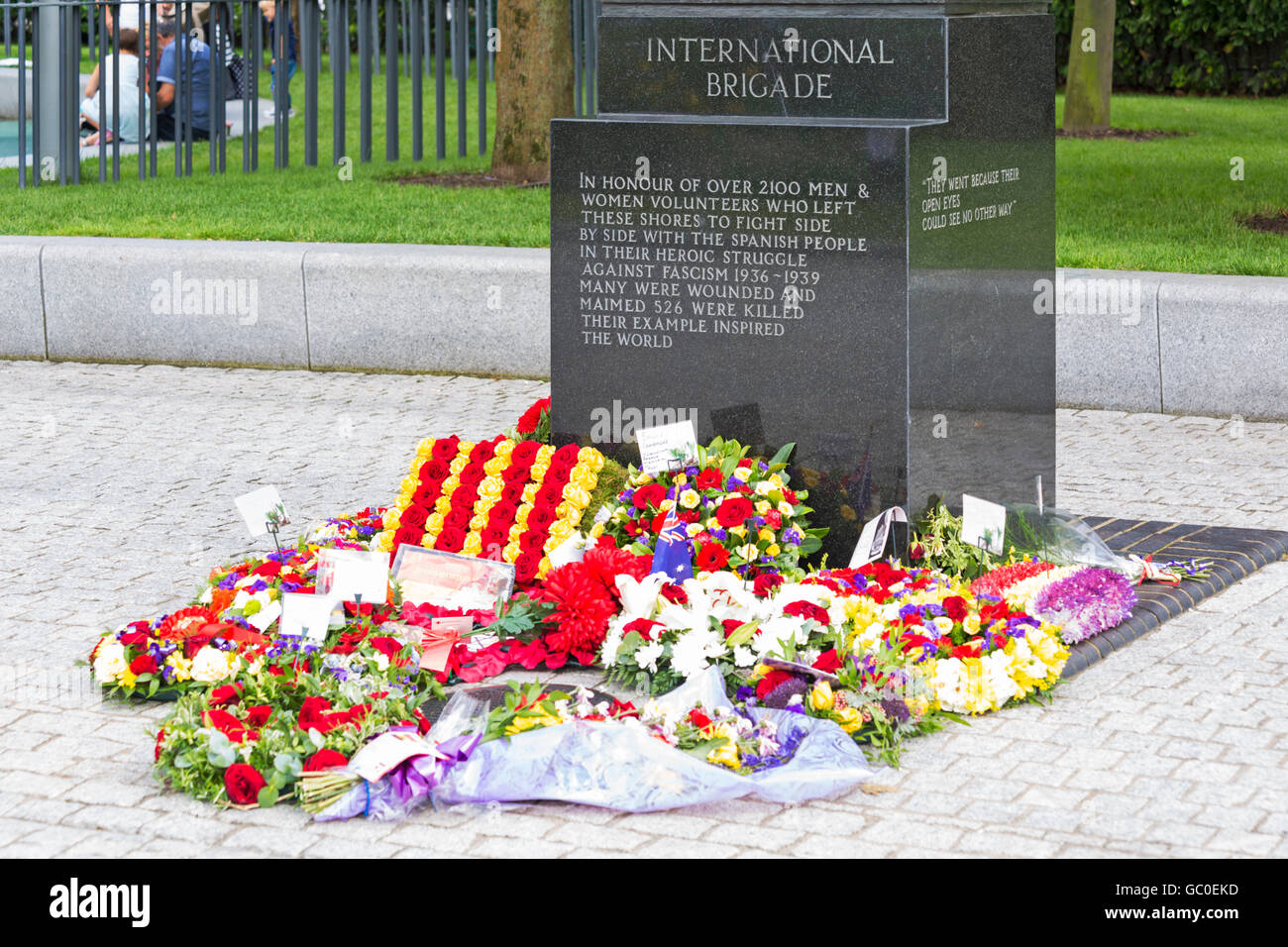 Flowers placed at base of the International Brigade memorial at Jubilee