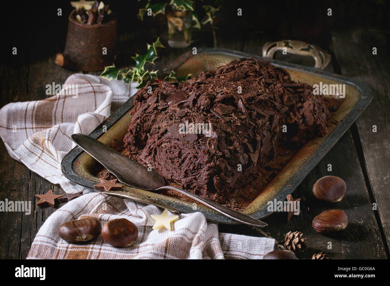 Homemade christmas chocolate yule log Stock Photo