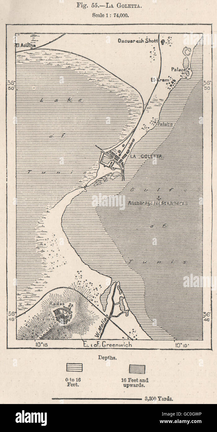 La Goletta. La Goulette, Tunis. Tunisia, 1885 antique map Stock Photo