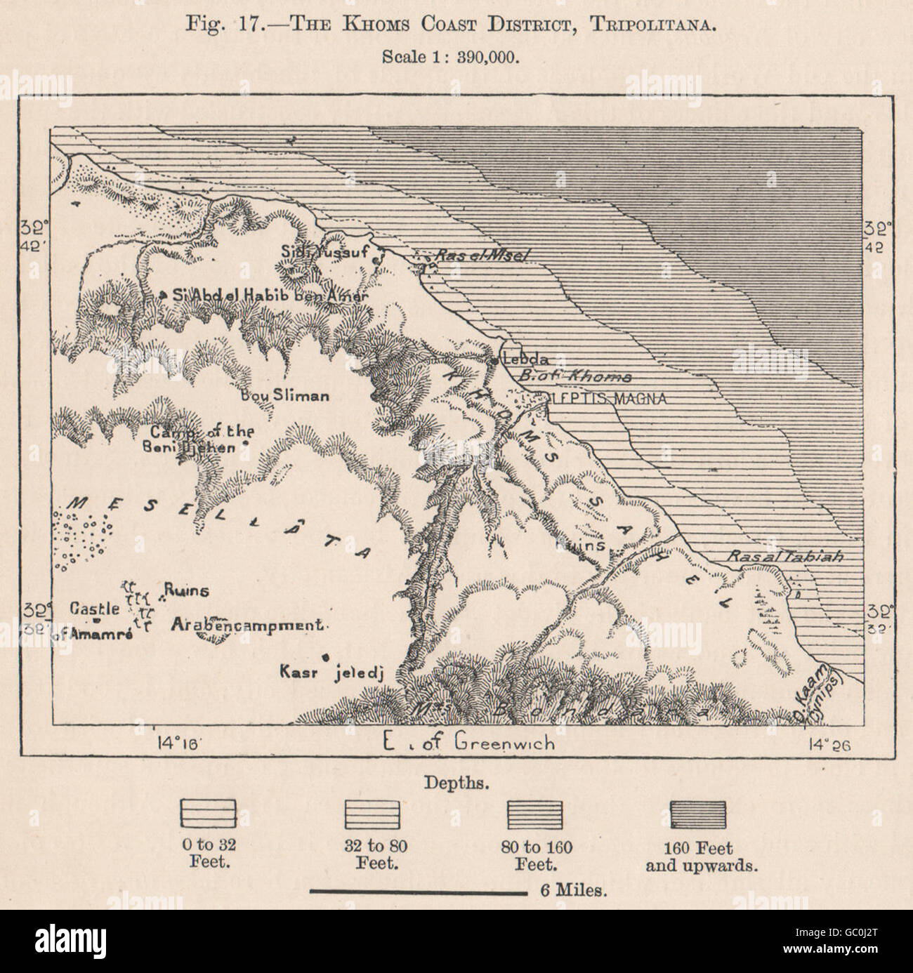 The Khoms Coast District, Tripolitana. Libya. Al Khums, 1885 antique map Stock Photo
