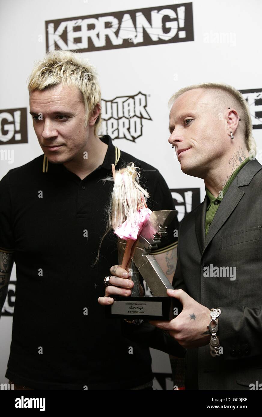 Liam Howlett and Keith Flint (right) of The Prodigy with the Best Single award at the Kerrang! Awards, at the Brewery, London. Stock Photo
