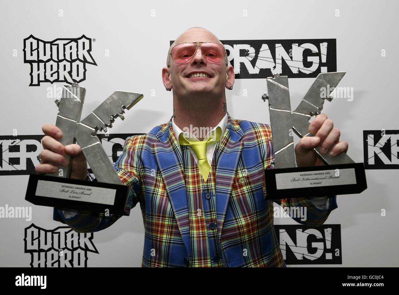 Corey Taylor of Slipknot with their two awards for Best Live Band and Best International Band at the Kerrang! Awards, at the Brewery, London. Stock Photo