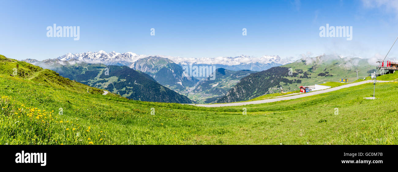 Panoramic views of the Swiss alps from Verbier in Switzerland in summer Stock Photo