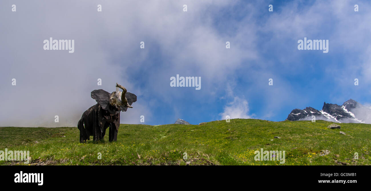 An elephant sculpture by Zac Ove in the Verbier sculpture park in Switzerland Stock Photo