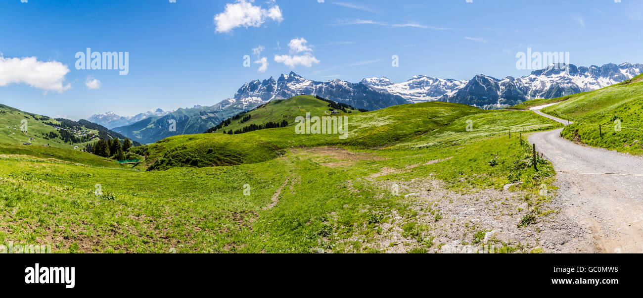 Panoramic view of the snow peaked Alps at Portes du Soleil in Switzerland in Summer Stock Photo