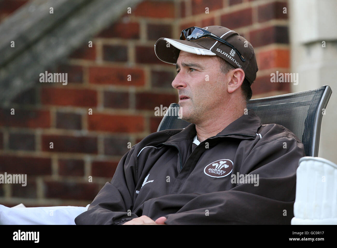 Cricket - Liverpool Victoria County Championship - Division Two - Day Three - Surrey v Derbyshire - Whitgift School. Surrey coach Graham Thorpe watches the action from the balcony Stock Photo