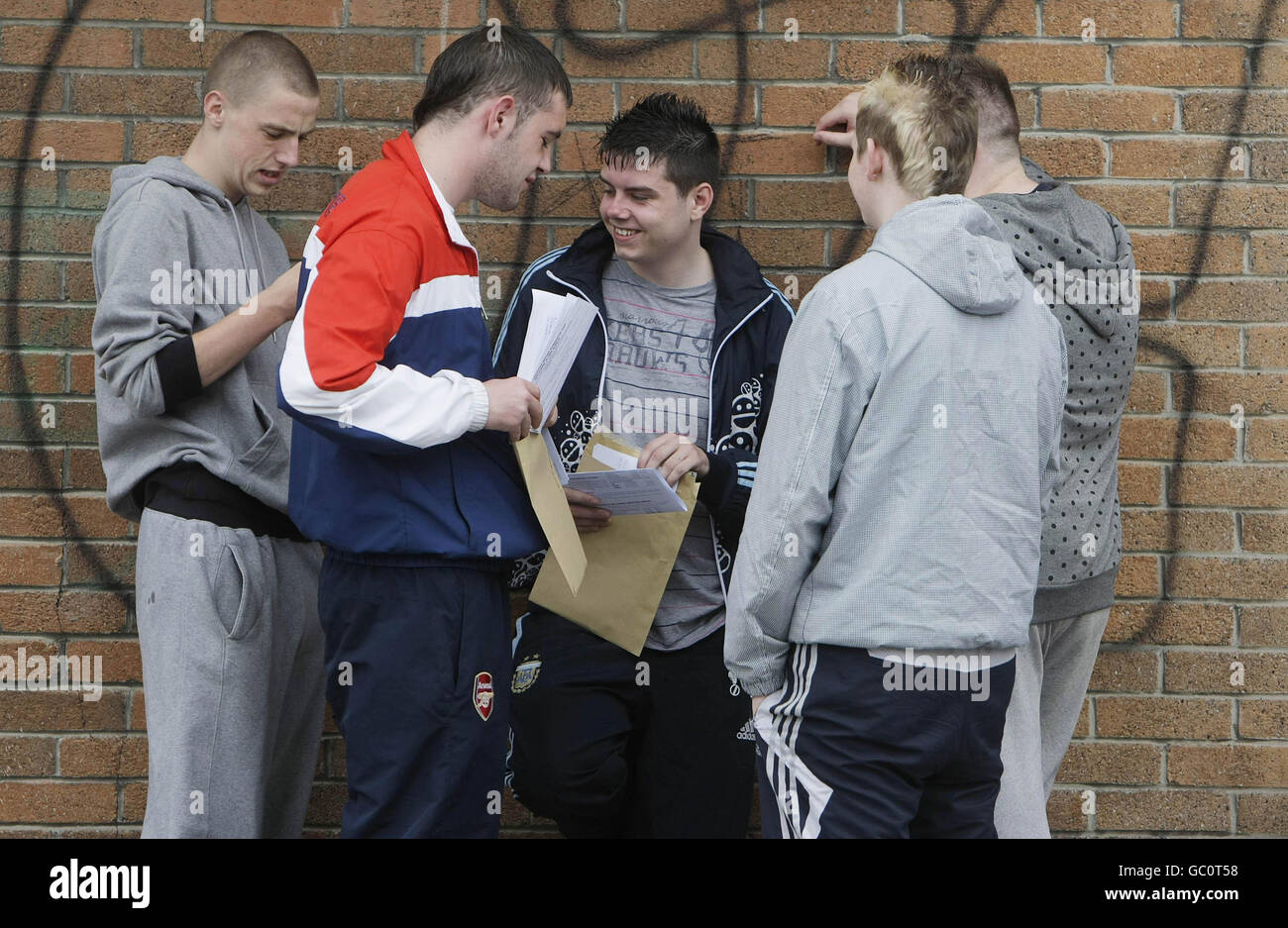 A group of students receive their Leaving Certificate results outside Synge Street Christian Brothers Secondary School in Dublin this morning. Stock Photo