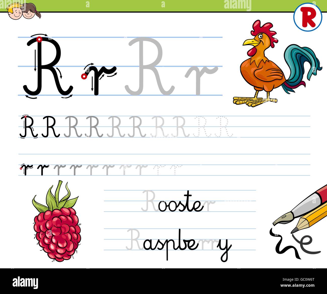 Cartoon Illustration of Writing Skills Practice with Letter R Worksheet for Children Stock Vector