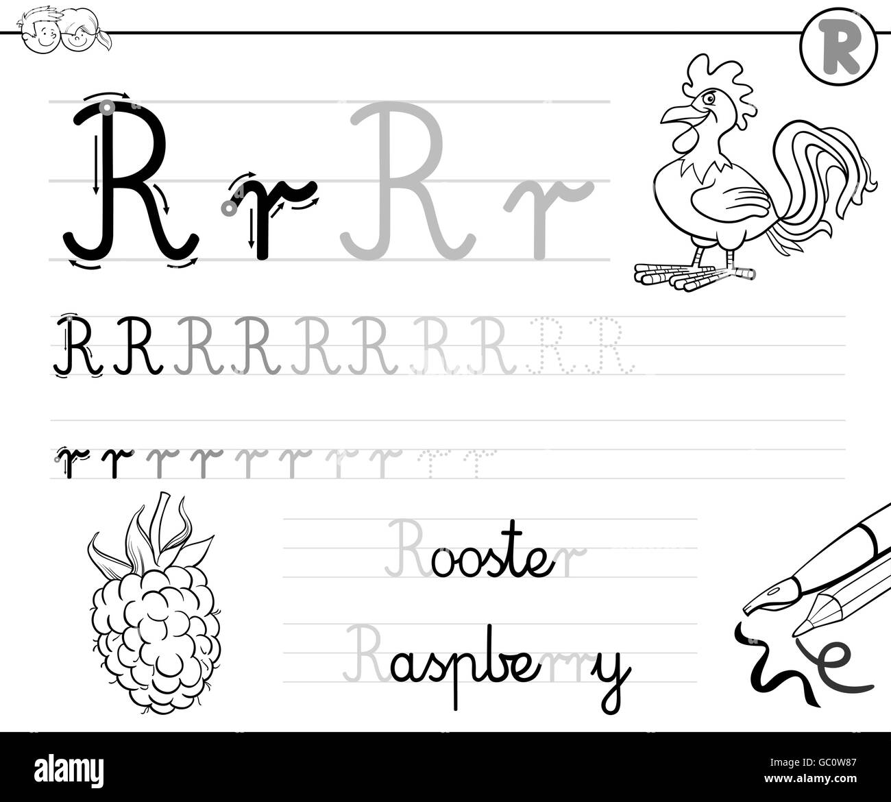 Black and White Cartoon Illustration of Writing Skills Practice with Letter R Worksheet for Children Coloring Book Stock Vector