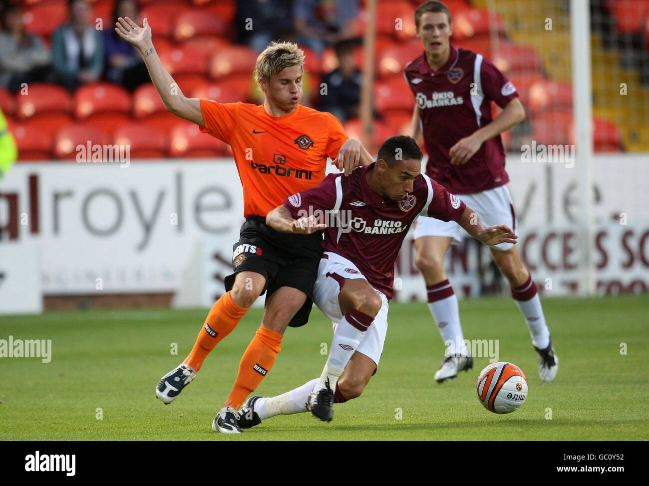 Dundee United's David Goodwillie and Hearts' Suso Santana during the Clydesdale Bank Scottish Premier League, Tannadice Park, Dundee. Stock Photo