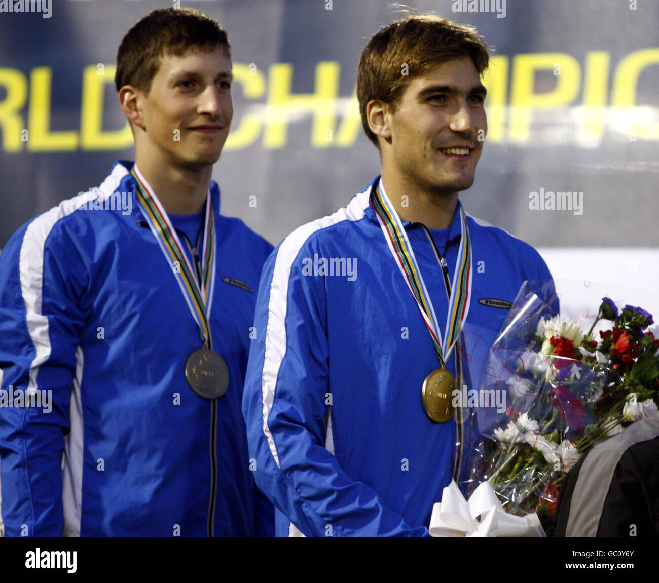 Czech Republic's Ondrej Polivka (left) and David Svoboda with their gold medals following the Men's Relay event during the Modern Pentathlon World Championships, London. Stock Photo