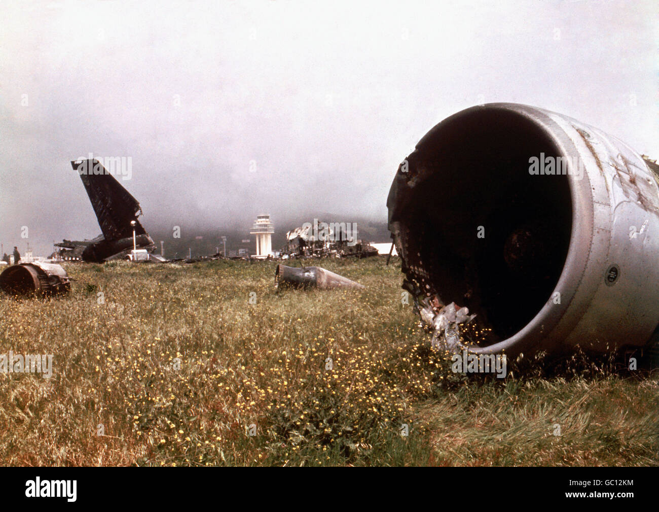 Part of the wreckage of the two Boeing 747s which collided on the runway, killing 583 people Stock Photo