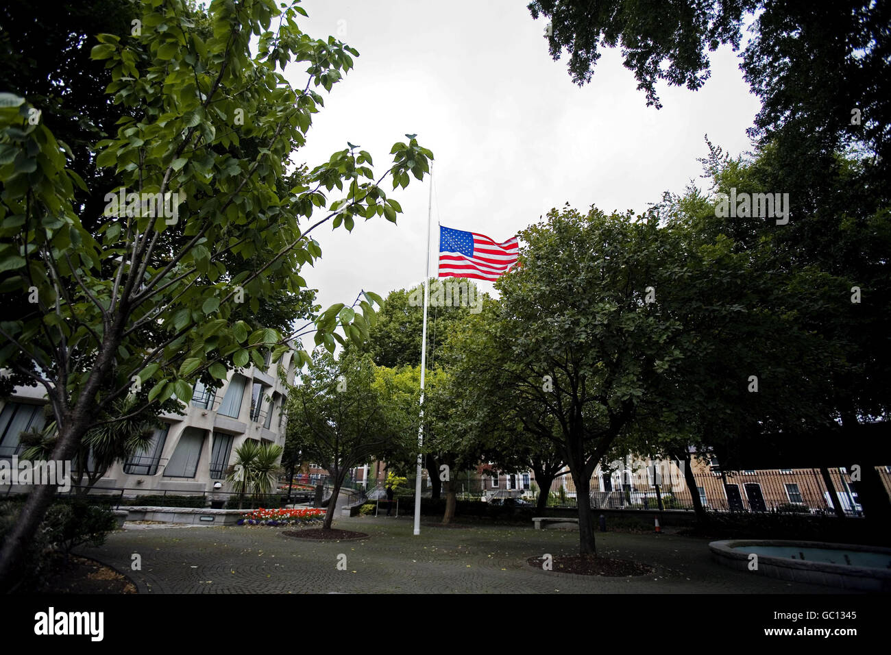 A Flag flies at half mast in tribute to Democratic Senator Ted Kennedy at the American Embassy in Dublin. Stock Photo