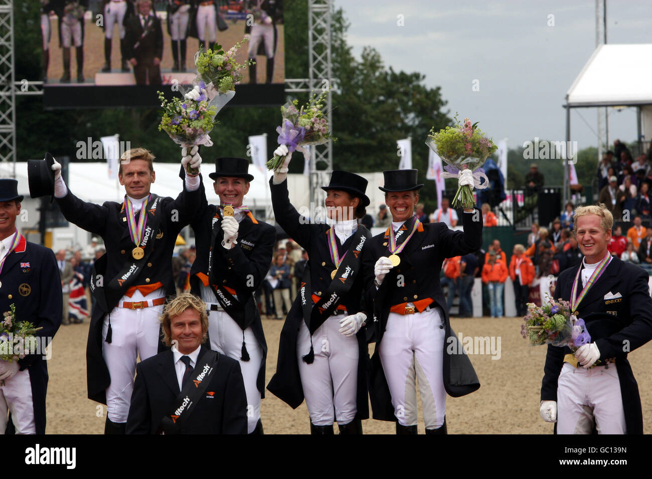 The Netherlands team with their gold medals from the FEI European Dressage Championship 2009, team and Individual competition in the grounds of Windsor Castle, Berkshire. Stock Photo