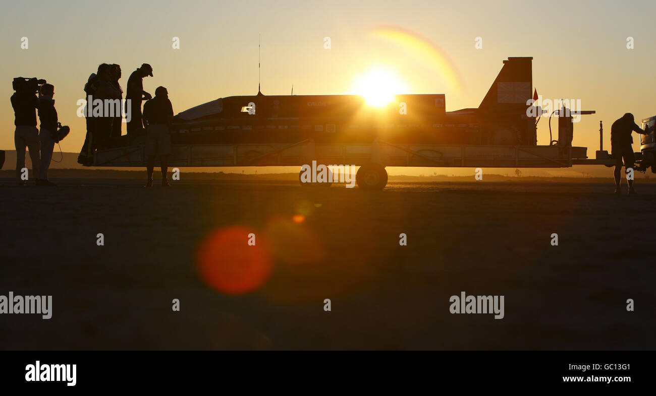 The sun rises as the British Steam Car Challenge Team prepare the car