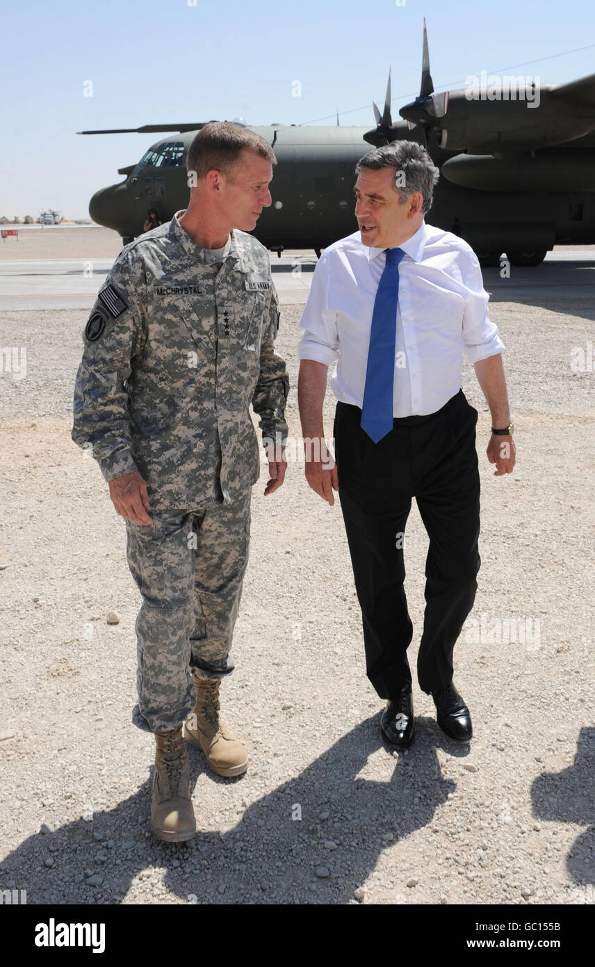 Prime Minister Gordon Brown is greeted by General Stanley McChrystal, commander of operations in Afghanistan at Camp Bastion in Lashkar Gah in Afghanistan today. Stock Photo