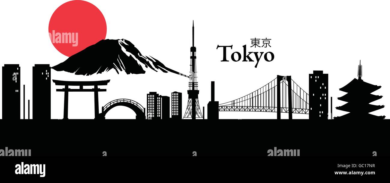 Vector illustration of the skyline of Tokyo, Japan with large red sun. Stock Vector
