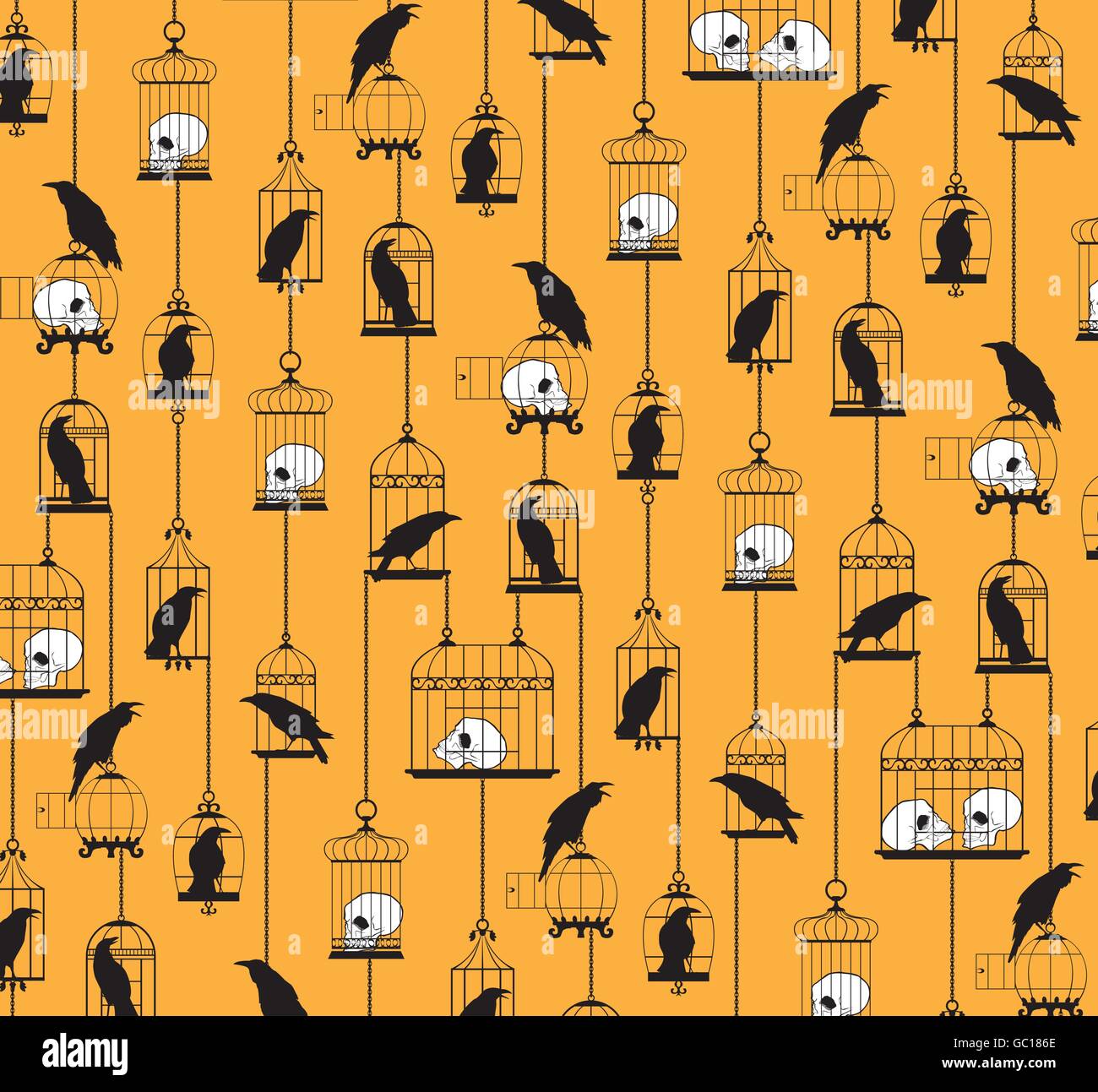 Halloween vector continuous repeat pattern with ravens, cages and skulls on an orange background with black and white Stock Vector