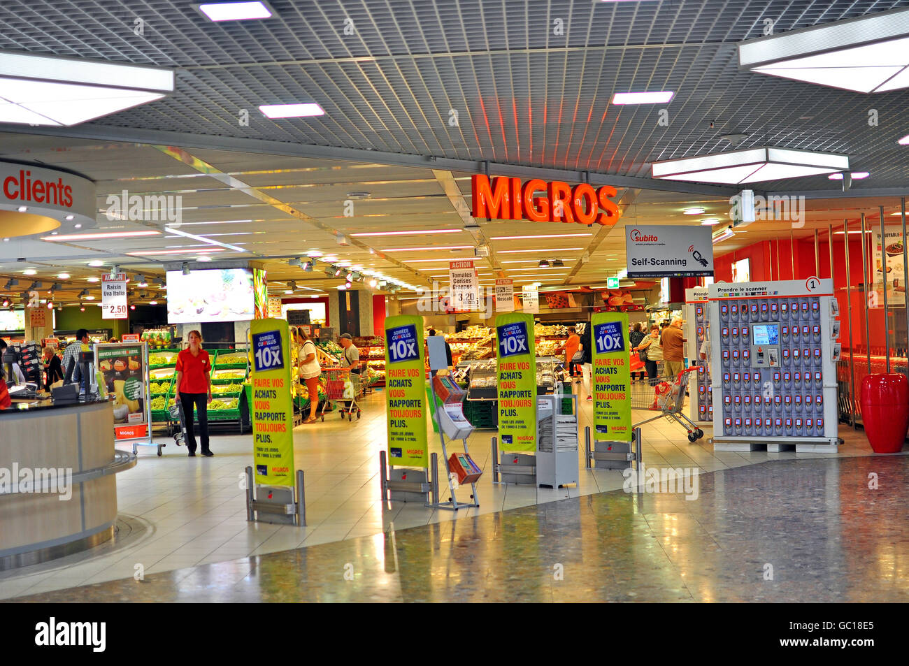 GENEVA, SWITZERLAND - SEPTEMBER 3: Entrance of Migros grocery store in Geneva on September 3, 2015. Stock Photo