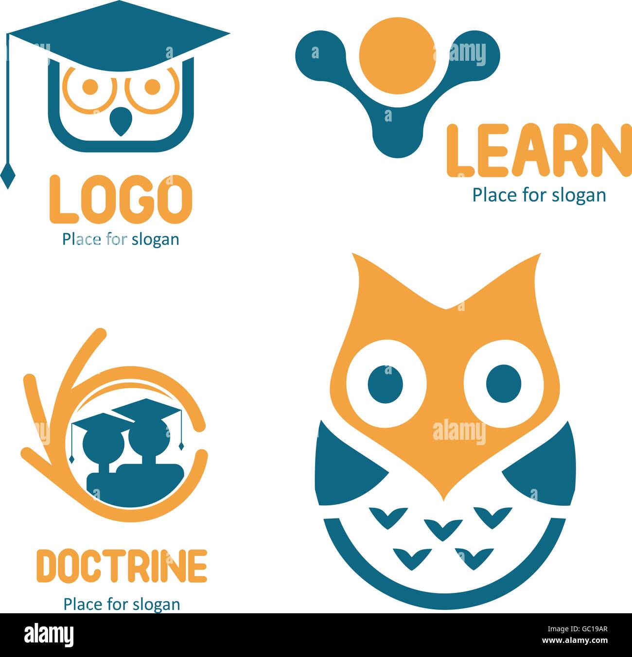 Isolated abstract studying vector logo set. Cartoon owl character logotypes collection. Education icons. School and university emblems. Stock Vector