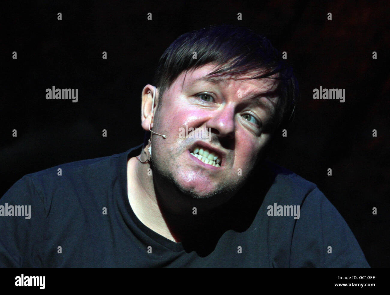 Ricky Gervais gets ready for his one night show at the Edinburgh Playhouse Theatre, Edinburgh, promoting his upcoming UK tour Science. Stock Photo