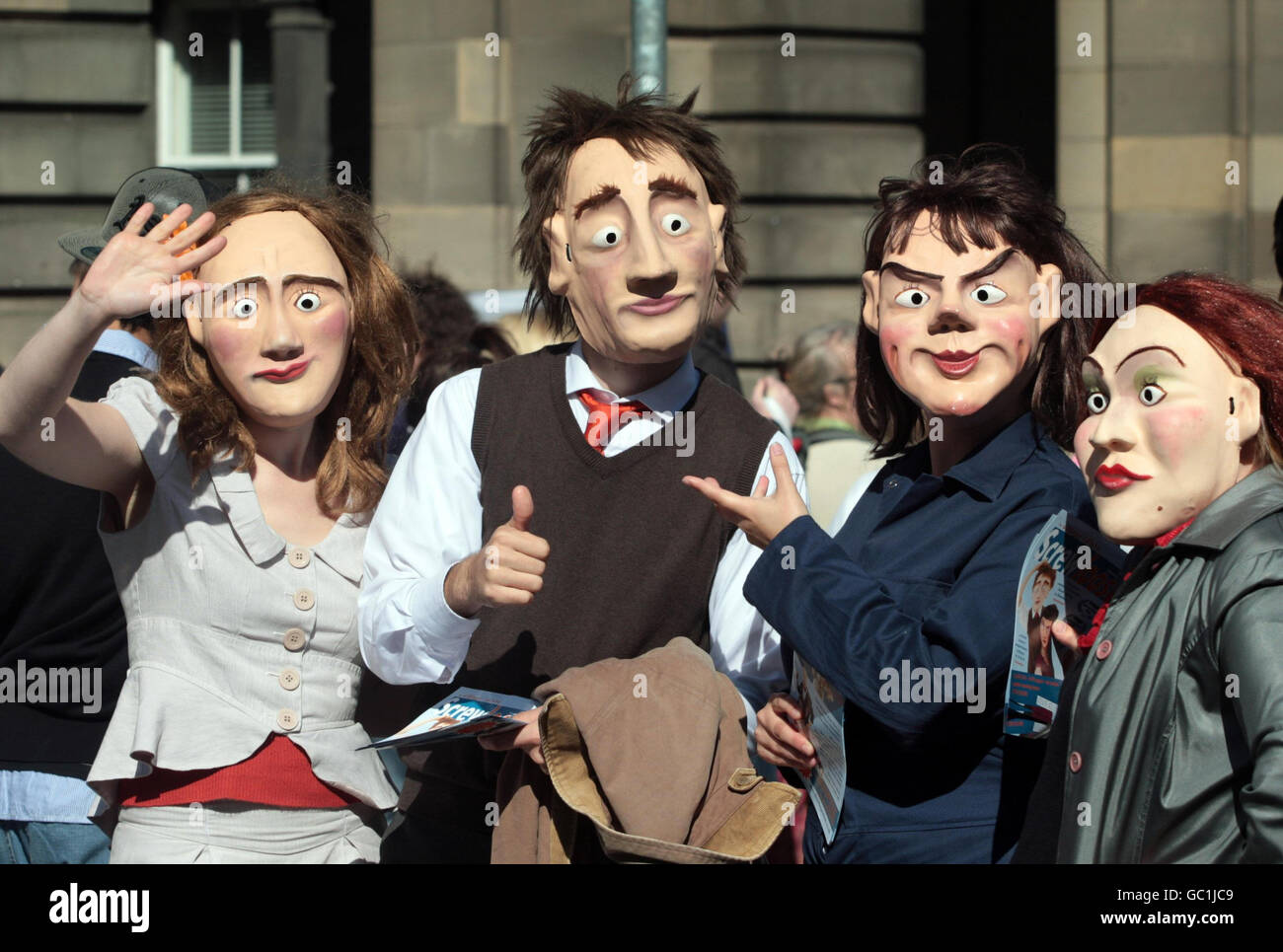 Edinburgh Fringe Festival act the Village Idiots perform on the Royal Mile, Edinburgh ahead of their last show. Stock Photo