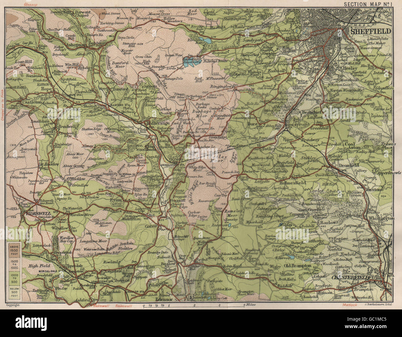 SHEFFIELD & PEAK DISTRICT SOUTH. Chesterfield Tideswell Hathersage, 1903 map Stock Photo