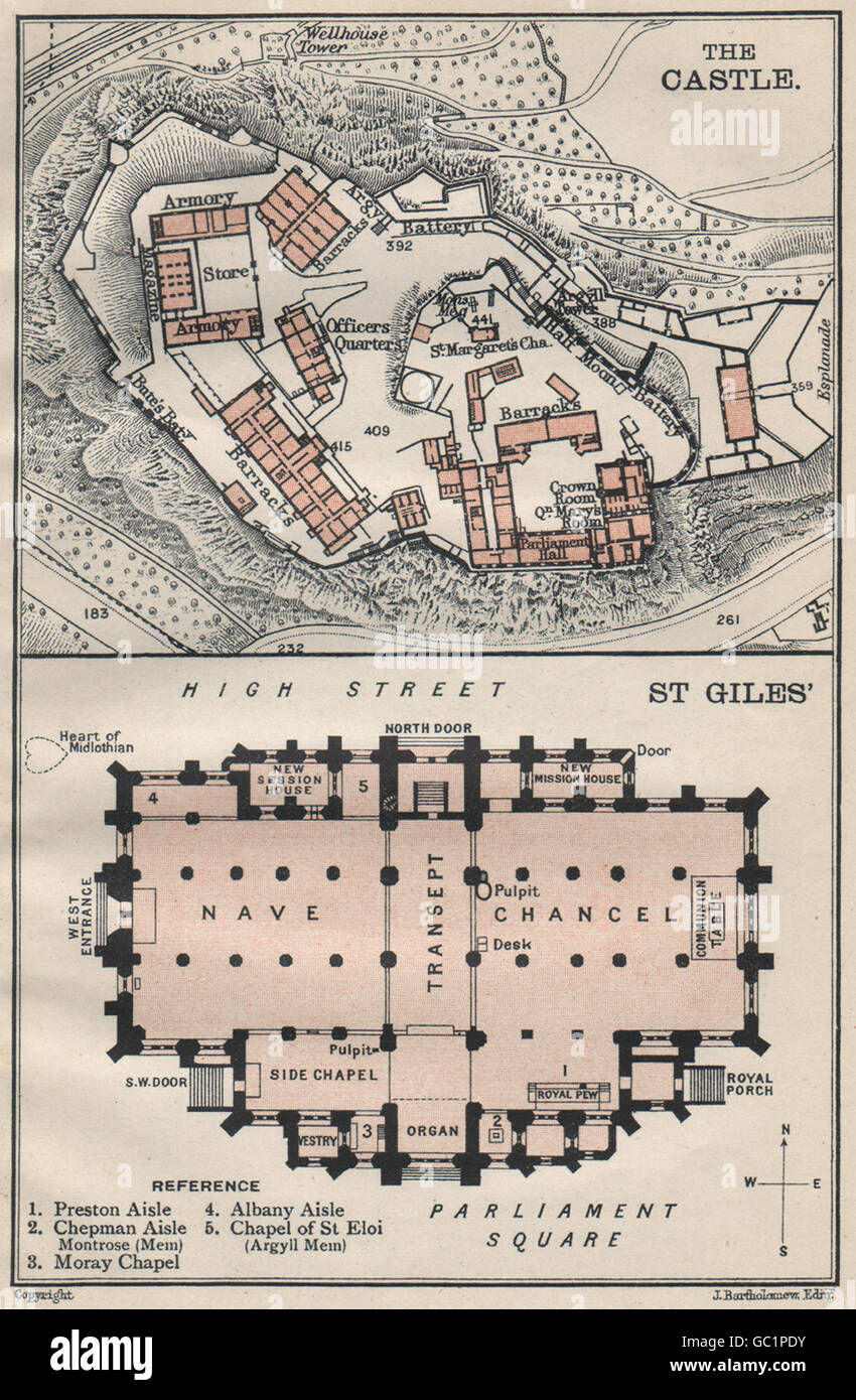 EDINBURGH. The Castle & St. Giles' cathedral ground plans. BARTHOLOMEW, 1908 map Stock Photo