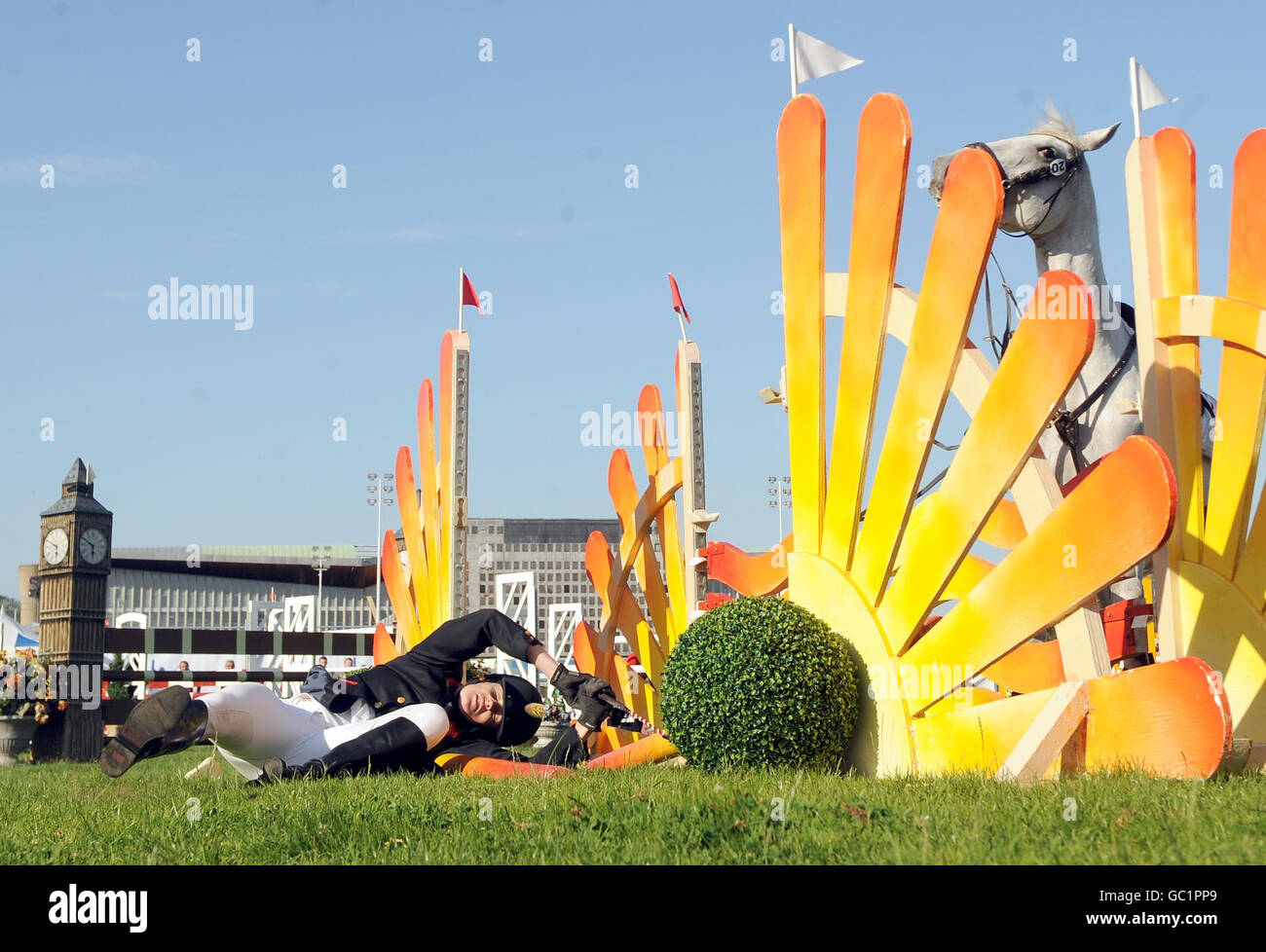 Athletics - Modern Pentathlon World Championships - Day Four - London. Great Britain's Katy Livingston falls over a fence after the horse refused to jump during the Modern Pentathlon World Championships, London. Stock Photo