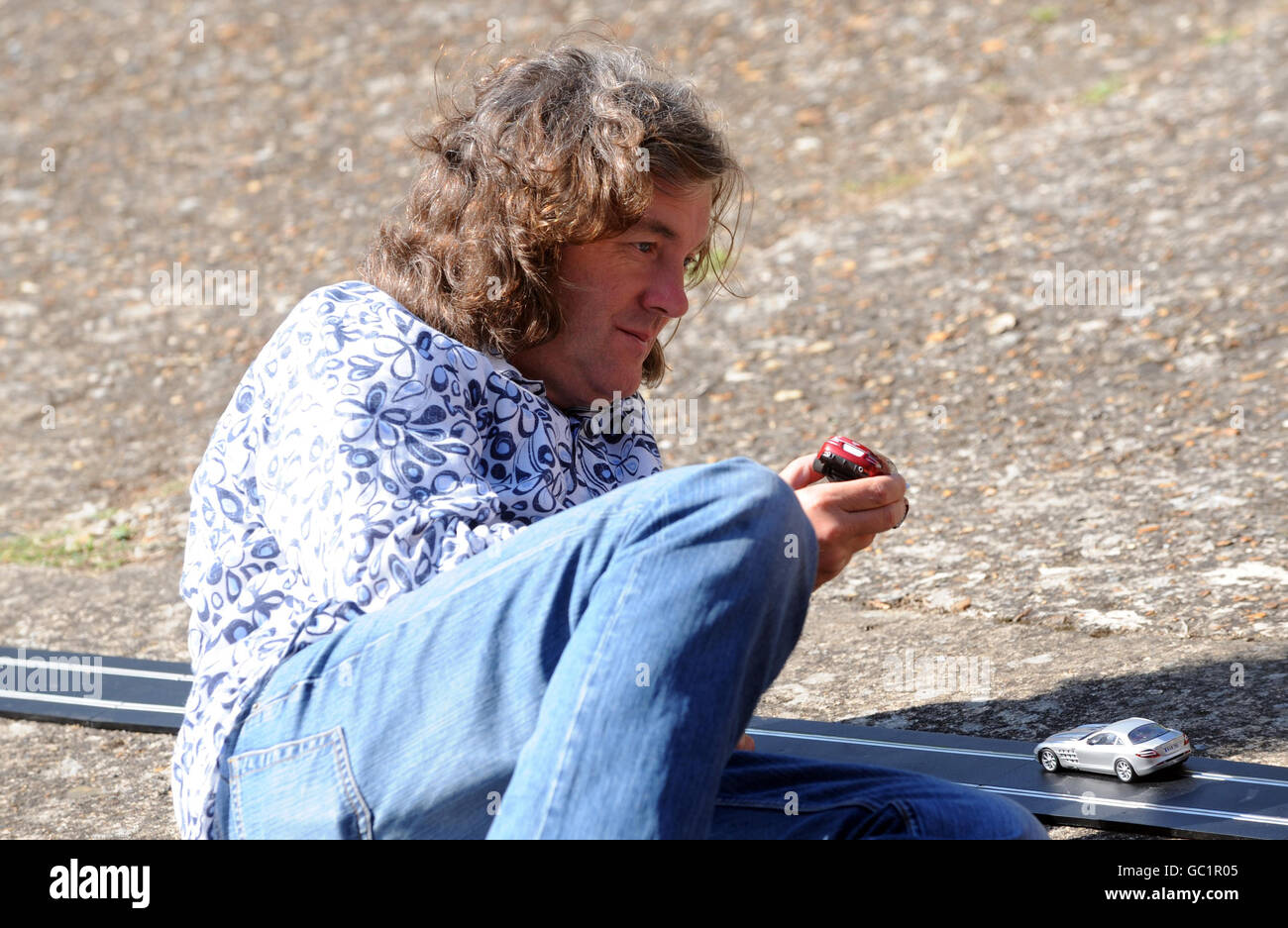 James May ahead of a Guinness World Record attempt to break a Scalextric  slot racing world record by recreating the entire original 2.75 mile  Brooklands circuit at Brooklands Museum in Weybridge, Surrey